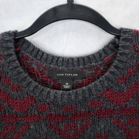 Ann Taylor Sweater Medium Gray Chianti White Snowflake Side Zip Wool Fair Isles - Picture 3 of 13